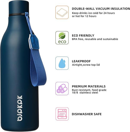 BJPKPK Insulated Water Bottles, 25 oz Stainless Steel Metal Water Bottle with Strap, BPA Free Leak Proof Jugs, Mugs, Flasks, Reusable Thermal Flasks for Sports & Travel, Navy Blue