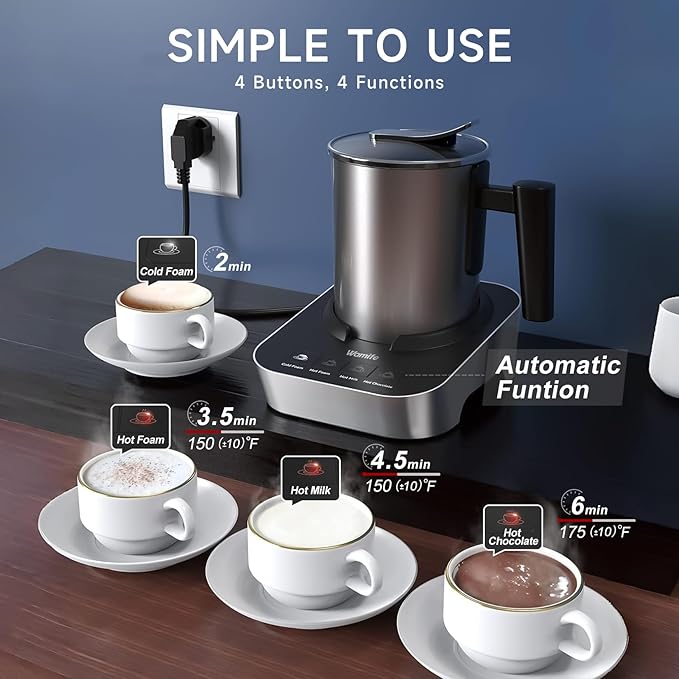Wamife Electric Milk Frother and Steamer for Coffee with Milk Frother Cup (700ml/23.6oz,Milk 150ml) 4-in-1 Milk Foamer Hot Chocolate Maker,Hot & Cold Foam Maker,Heated Milk,Dishwasher Safe with Whisk