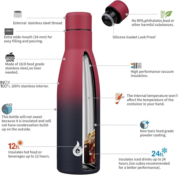 BJPKPK Insulated Water Bottle 17oz Stainless Steel Water Bottles Diashwasher Safe Reusable Metal Thermal Keep Cold and Hot,Charming Black Red