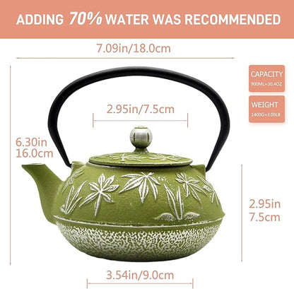 Cast Iron Teapot Tea Kettle with Stainless Steel Infuser for Stovetop Safe Coated with Enameled Interior Japanese Tetsubin with Maple Leaves Pattern(30.4oz/900ml) (Color-2)