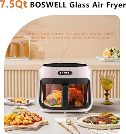 BOSWELL Glass Air Fryer, 7.5 QT with Transparent Fry Bowl, Circulating Heating, Temperature Control, Stainless Steel Air Fryer Roast, Dishwasher Safe (white)