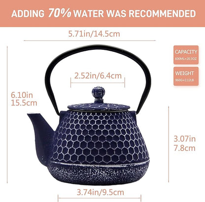20.3oz Cast Iron Teapot, Small Tea Kettle for Stovetop Safe With Enameled Interior, Stainless Steel Infuser for Loose Tea (Blue Honeycomb Pattern)