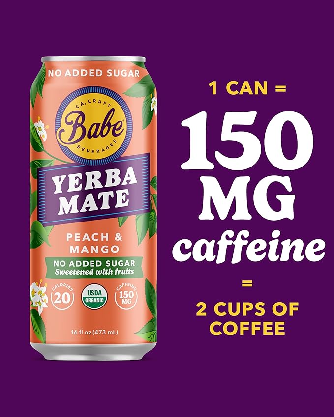 Babe Organic Yerba Mate Energy Drinks | NO SUGAR ADDED with 150mg Plant-Based Caffeine | Natural Yerba Mate Tea with No Crash, No Jitters - Peach Mango (12 x 16oz Cans)