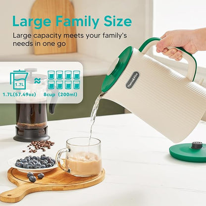 Nueve&Five 1.7L (57oz) Large Electric Kettle Perfect for 7+Cups of Tea and Coffee,2 quarts Double Wall Big Electric Tea Kettle,Auto Shut Off,1200W Hot Water Kettle Electric -Green