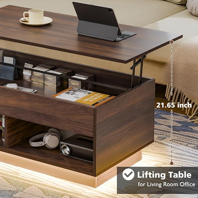 HOMMPA LED Coffee Tables for Living Room, 40 Inch Lift Top Coffee Table with Hidden Storage Mid Century Modern Center Table, Smart Gaming Tea Tables for Home Office Walnut