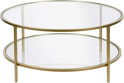 Henn&Hart 36" Round Coffee Table with Glass Top and Glass Open Storage Shelf for Living Room, Family Room, Office, or Apartment, Brass