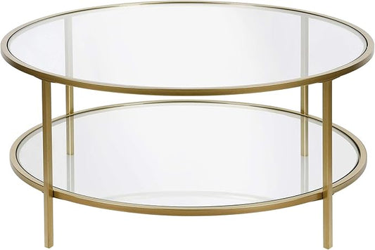 Henn&Hart 36" Round Coffee Table with Glass Top and Glass Open Storage Shelf for Living Room, Family Room, Office, or Apartment, Brass