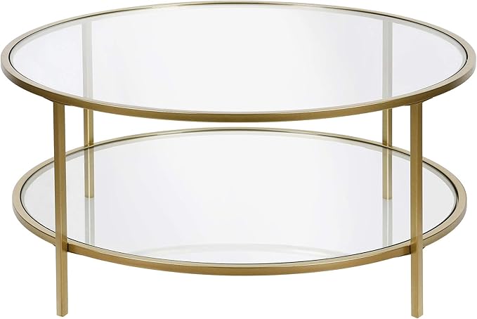 Henn&Hart 36" Round Coffee Table with Glass Top and Glass Open Storage Shelf for Living Room, Family Room, Office, or Apartment, Brass