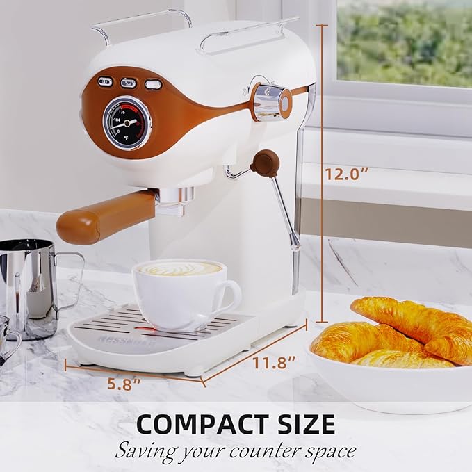 Espresso Coffee Machine, 20 Bar Compact Semi-Automatic Espresso Machine with Milk Frother for home Latte, Cappuccino, White