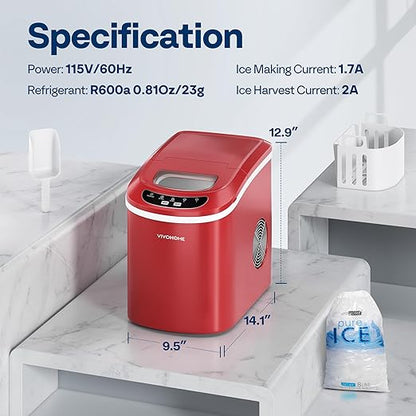 VIVOHOME Countertop Ice Maker 26lbs/Day 9 Ice Cubes in 6 Mins Ice Maker Machine with Hand Scoop and Self Cleaning Ice Cube Maker Red