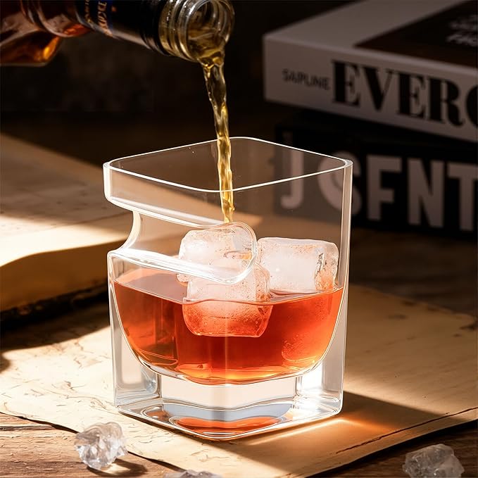 KAMMAK Whiskey Glasses with Cigar Rest, 10.82 oz (320 ml) Old Fashioned Tumbler, Thick Base Glass & Integrated Cigar Holder, Delicate Rim Seamless Design for Bourbon Scotch