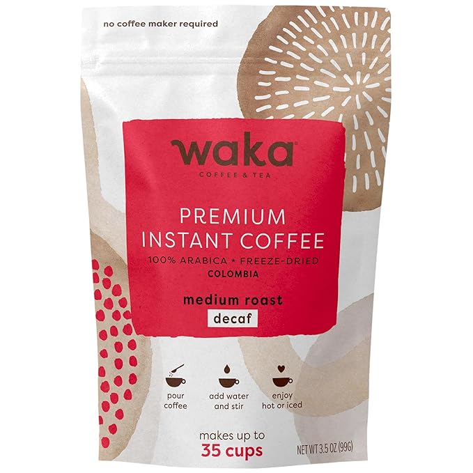 Waka Instant Coffee, Decaffeinated Medium Roast - 100% Arabica Colombian Beans, Freeze Dried Granules, No Sugar or Additives - Bulk Bag for Quick Hot and Iced Coffees, Up to 35 Cups (3.5oz)