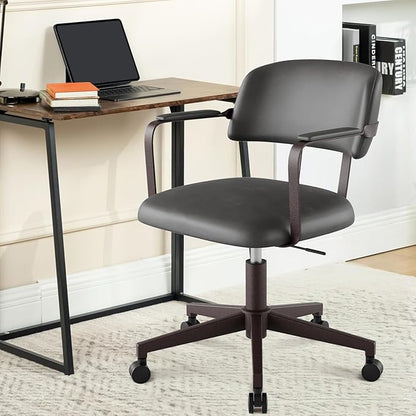 Home Office Desk Chair, Mid-Century Style Desk Chair with Padded Arms, Adjustable Seat Height, Mid Back 360° Small Computer Chair with Mobile Mute Wheel, PU Leather (Black)