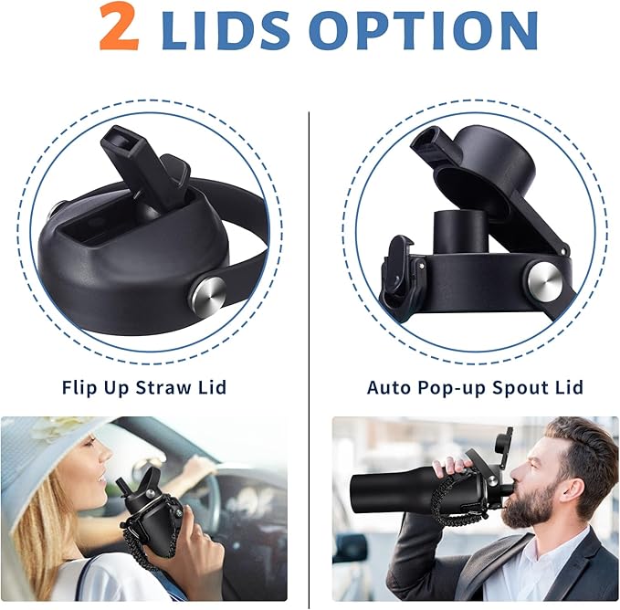 32 oz Insulated Water Bottle - Fits in Car Cup Holder, Cold 48H Hot 24H, Leakproof Stainless Steel Water Bottles with Straw & Pop-up Spout Lid, Paracord Handle, Bottle Holder Bag & Flask Boot