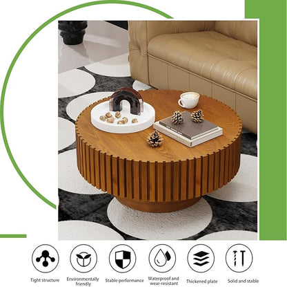 Handmade Round Grooved Drum-Shaped Coffee Table、Rustic Modern Circular Centerpiece for Living Room & Farmhouse Decor、Easy to Clean (D Wood 31in)