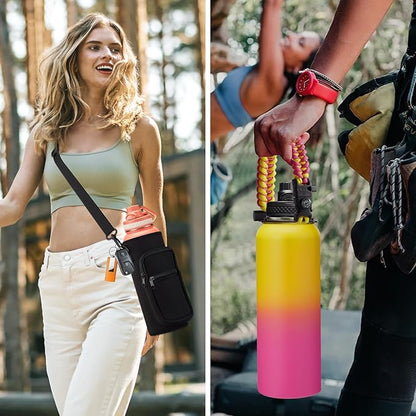 Stainless steel Water Bottle 40OZ - with Straw & Spout Lids, Paracord Handle, Shoulder Carrier Bag, Vacuum Insulated Water Jug, Leak Proof Metal Waterbottle for Sports Gym Yoga Workout Travel Hiking