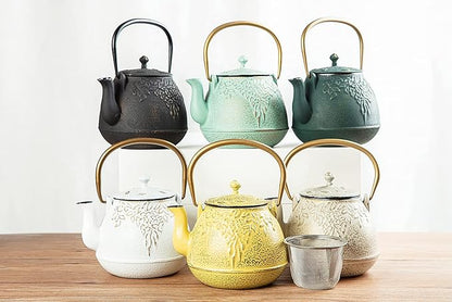 Toptier Cast Iron Tea Kettle, Stovetop Safe Japanese Cast Iron Teapot with Infuser, Leaf Design Tea Kettle for Stove Top Coated with Enameled Interior for 32 Ounce (950 ml), Warm Beige & Gray