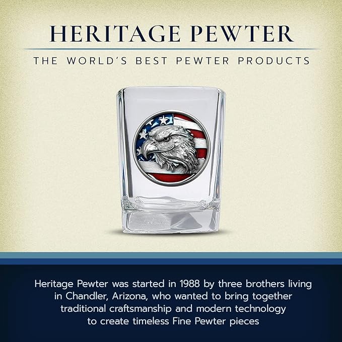 Heritage Pewter Eagle with Flag Square Shot Glass | Hand-Sculpted 1.5 Ounce Shot Glass | Intricately Crafted Metal Pewter Inlay