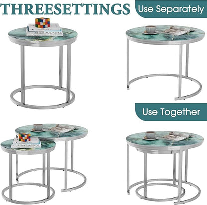 aboxoo Coffee Table Nesting Side Round Set of 2 End Table Green Art Table Top Sturdy Metal Frame Desk Centerpiece Living Room Bedroom Apartment Modern Industrial Simple Nightstand