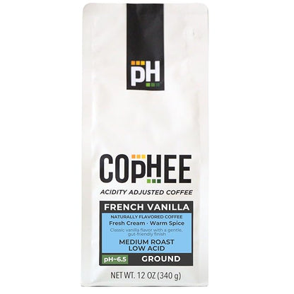 Low Acid Coffee – French Vanilla – Ground Medium Roast – Smooth Non-GMO Arabica Coffee – Electrolyte Infused for Sensitive Stomachs, Acid Reflux, and Heartburn ~pH 6.5 – 12 oz bag by COpHEE