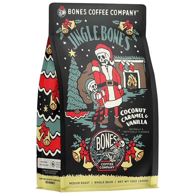 Bones Coffee Company Jingle Bones, Caramel Vanilla Coconut Flavored Coffee, Medium Roast Low Acid Arabica Beans Compatible with Auto drip and French Press Coffee Maker, 12 Oz Whole Bean