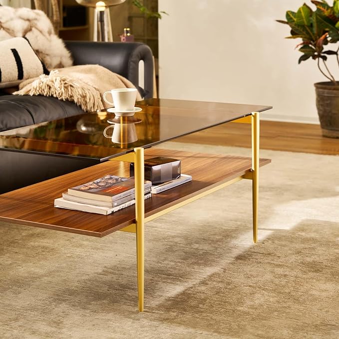 AGV LIGHTING Tadio Glass Coffee Table, Mid-Century Modern Coffee Table for Living Room, Gold Finish Leg, Coffee Brown Glass Top & Walnut Shelf, 41 in Length