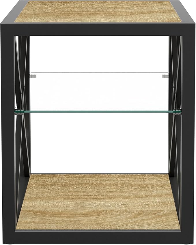 Modern End Table Set of 2 for Living Room 17.7" Bedroom Nightstand, Tempered Glass Shelf & Rustic Wood MDF Top Square Side Tables 2 Pack, Industrial Natural