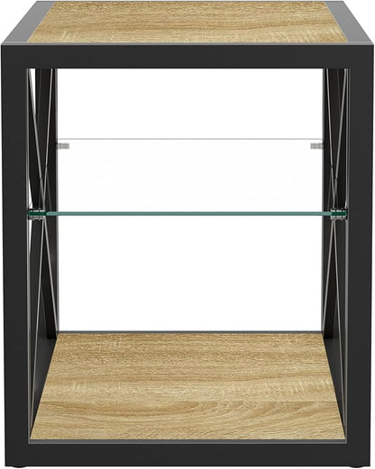 Rustic End Table for Living Room 17.7" Bedroom Nightstand, Modern Tempered Glass Shelf & Wood MDF Top Square Side Table 1 Piece, Industrial Style Natural