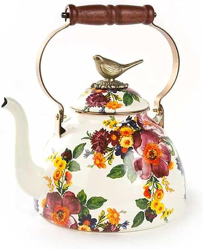 MACKENZIE-CHILDS Enamel Tea Kettle, Cute Kitchen Kettle for Stovetop, 3-Quart Capacity, White Flower Market with Bird Topper