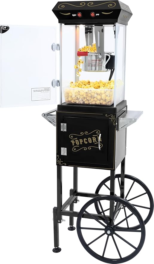 8OZ Popcorn Machine with Cart & Wheels 丨 Stainless Steel Kettle Popcorn Maker Machine for Home, Theater, Parties丨 Grade Electric Popper, Black