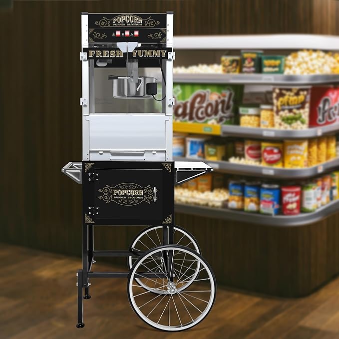 Commercial Popcorn Maker with Cart & 20oz Kettle, 1440W Vintage Popcorn Machine on Wheels with Tempered Glass & Warming Deck for Theater, Business, Home Party Events, Black