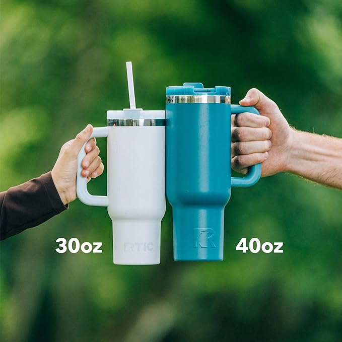 RTIC 40 oz Road Trip Tumbler Double-Walled Insulated Stainless Steel Portable Travel Coffee Mug Cup with Lid, Handle and Straw, Ceramic-Lined, Navy