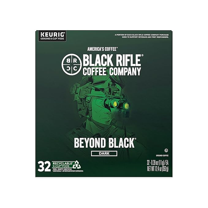 Black Rifle Coffee Company Beyond Black, 32 Count, Dark Roast K Cups - Single Serve K Cups Coffee Pods - Kcup Pods Compatible with Keurig 1.0 & 2.0 - Made from Arabica Beans