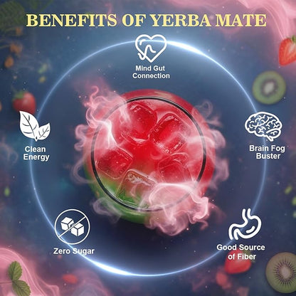 Yerba Mate Sticks Tea Powder - Strawberry Kiwi Single Serve Sticks - Instant Tea Powder On The Go - Nootropic, Prebiotic & Probiotic Mix with Vitamin B3, B6 & B12 - Sugar-Free - 20 Servings