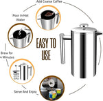 Load image into Gallery viewer, Utopia Kitchen Stainless Steel French Press Coffee Maker 34 Oz (1 Litre) with 2 Extra Filters, French Press Coffee &amp; Tea Maker for Kitchen &amp; Camping, Cold Brew Cafetiere, Silver