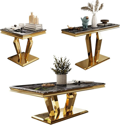 3 Piece Living Room Table Set of 3, Luxury Black and Gold Coffee Table Set with Console Table and End Table for Home Office 1Coffee+1Console+1End