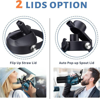 32oz 40oz Water Bottle Insulated - with Paracord Handle, Waterbottle with Straw & Auto Spout Lid, Insulated Water Cup Fit Car Cup Holder, Vacuum Travel Coffee Mug Iced Cold 48h or Hot 24h