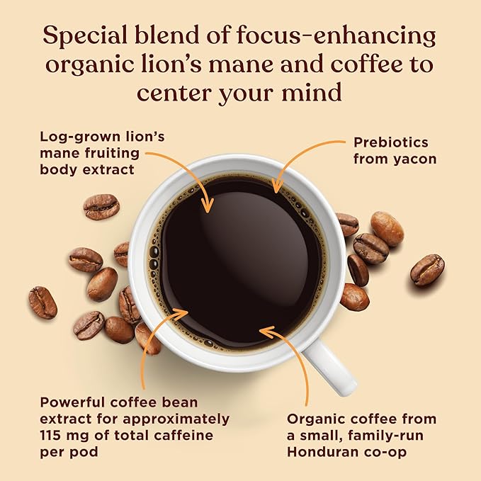 Four Sigmatic High Caffeine Mushroom Coffee K-Cups | Organic Dark Roast Coffee with Lion’s Mane & Chaga | Focus & Immune Support | Vegan & Keto | Sustainable Pods | 24 Count