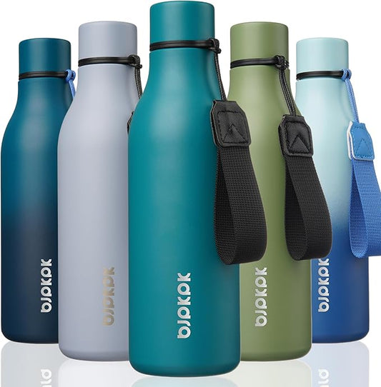 BJPKPK Insulated Water Bottles, 18 oz Stainless Steel Metal Water Bottle with Strap, BPA Free Leak Proof Jugs, Mugs, Flasks, Reusable Thermal Flasks for Sports & Travel, Lake Blue