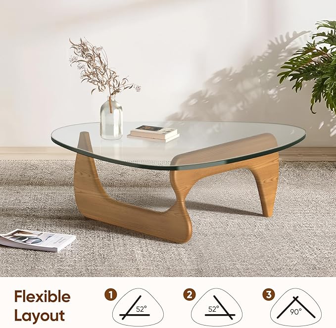 Noguchi Triangle Glass Coffee Table with Solid Wood Base, Vintage Clear Glass Top Modern Design for Living Room, Patio, Study, Light Walnut