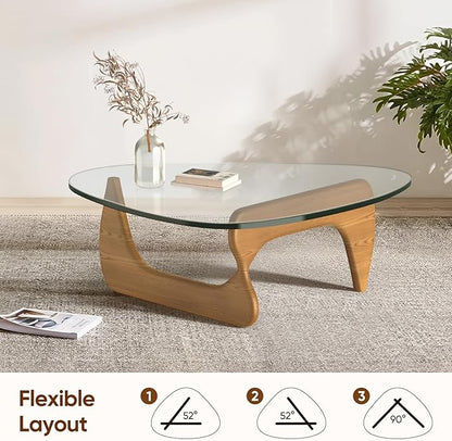 Noguchi Triangle Glass Coffee Table with Solid Wood Base, Vintage Clear Glass Top Modern Design for Living Room, Patio, Study, Light Walnut