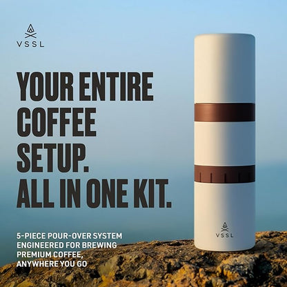 Nest Pour Over Coffee Kit | Coffee Maker for Camping | All-In-One Travel Pour Over | Transportable Dripper, Two 10oz Stainless Steel Travel Mugs | Compact Storage & Adventure Ready | Cream