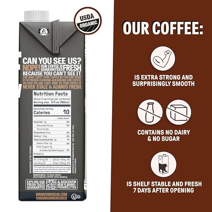 Wandering Bear Decaf Cold Brew Coffee, 32 fl oz, 3 pack - Extra Strong, Bold, Smooth, Unsweetened, Shelf-Stable, Ready to Drink, Iced Cold Brewed Coffee Drinks - Gluten Free & Vegan Decaf