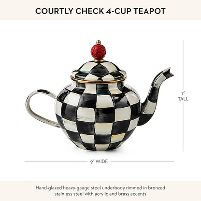 MACKENZIE-CHILDS Enamel Teapot, Cute Small Teapot with Lid, 4-Cup Capacity, Black-and-White Courtly Check