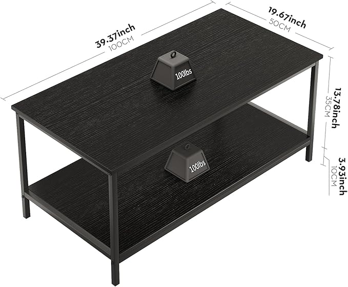 SAYGOER Black Coffee Table for Living Room Modern Rectangle 2-Tier Coffee Tables with Storage Industrial Wood Center Table for Large or Small Spaces Apartment Home Office, All Black