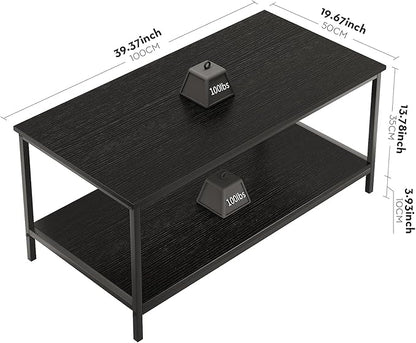 SAYGOER Black Coffee Table for Living Room Modern Rectangle 2-Tier Coffee Tables with Storage Industrial Wood Center Table for Large or Small Spaces Apartment Home Office, All Black