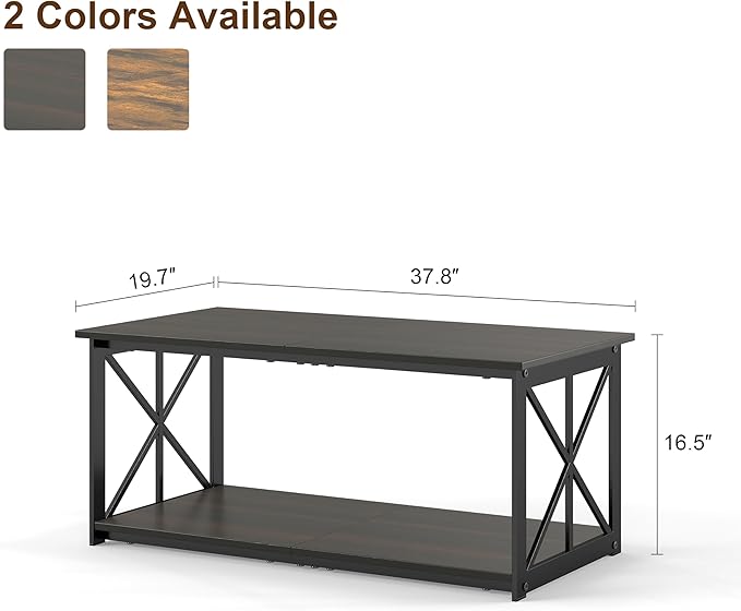Rectangle Coffee Table for Living Room, Wood Rustic Coffee Table with 2 Tier and Metal Frame, Industrial Modern Center Table, Dark Brown