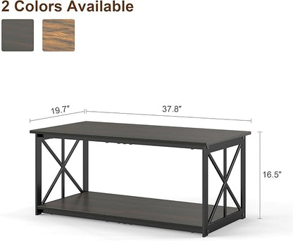 Rectangle Coffee Table for Living Room, Wood Rustic Coffee Table with 2 Tier and Metal Frame, Industrial Modern Center Table, Dark Brown