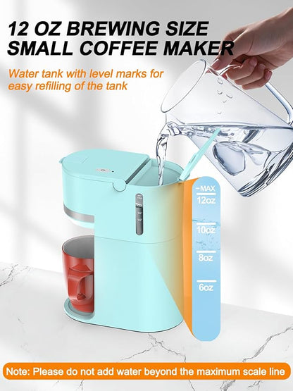 Single Serve Coffee Maker for K-Cup and Ground Coffee, Fast Brew, 6-12 oz Brew Sizes One Cup Coffee Machine Fits 5.5" Mugs, One-Button Small Coffee Maker with Descaling Reminder, Light Blue