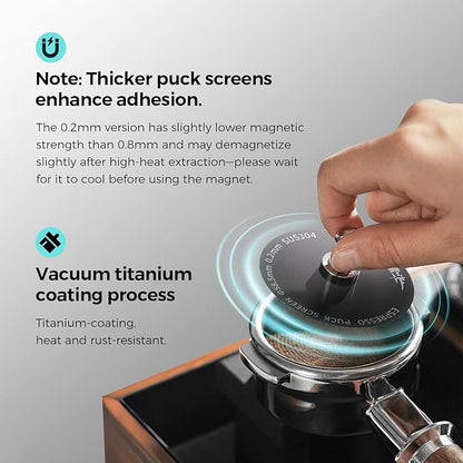 MHW-3BOMBER 58mm Espresso Puck Screen - 0.2mm Ultra Thin Espresso Puck - Metal Reusable Coffee Filter for Portafilter Basket 58mm - Puck Screen with Stand FG7053B-OS